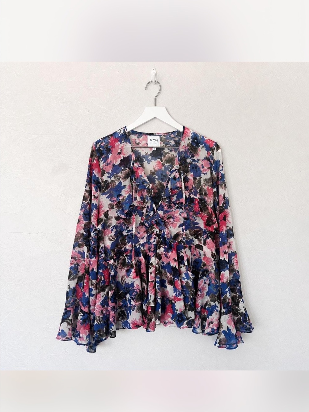 Misa Los Angeles Pink & Blue Floral Ruffle V-Neck Blouse